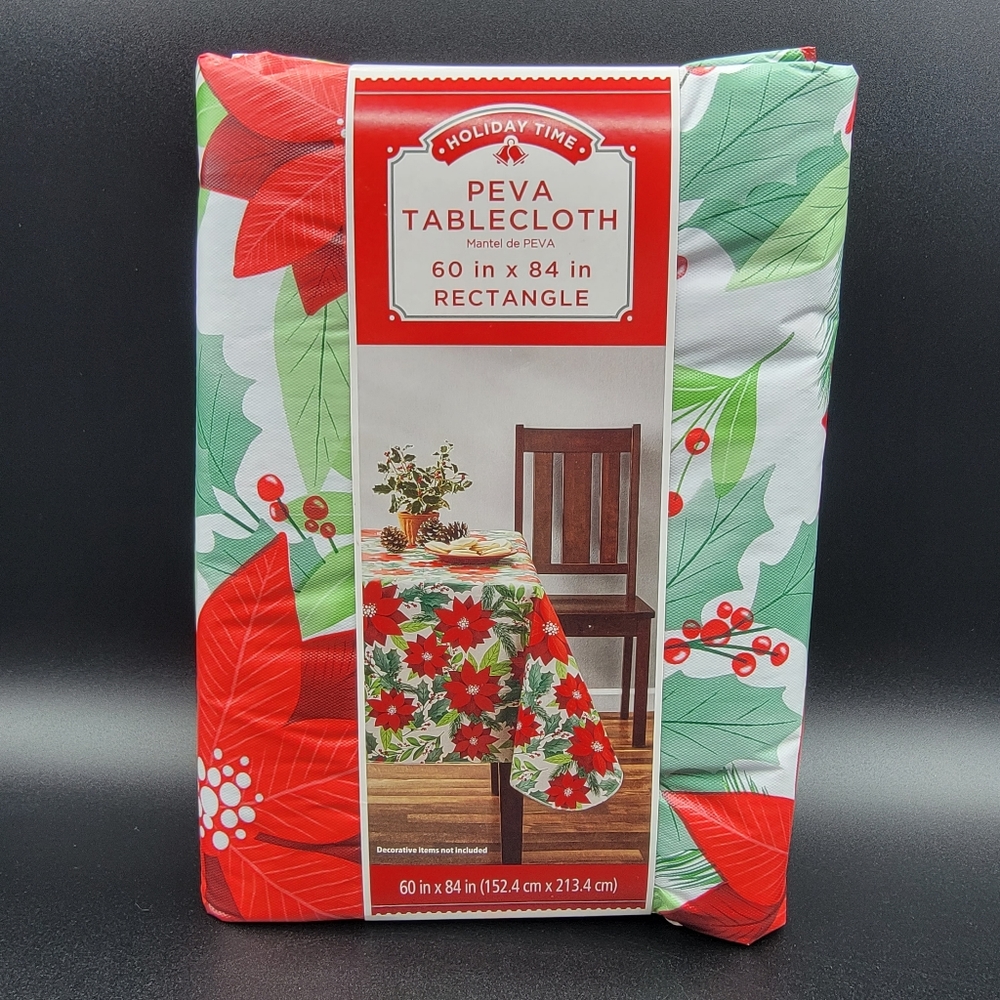 Poinsettia PEVA Vinyl Tablecloth 60 x 84 inch Rectangle Holiday Time Christmas